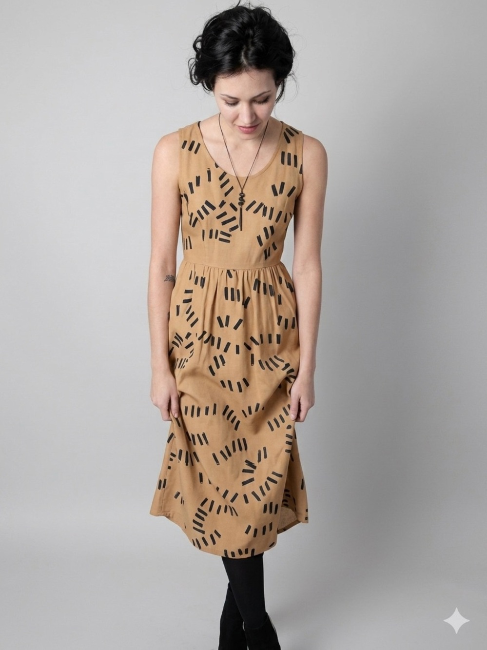 Sleeveless Tan Midi Dress with Black Geometric Print